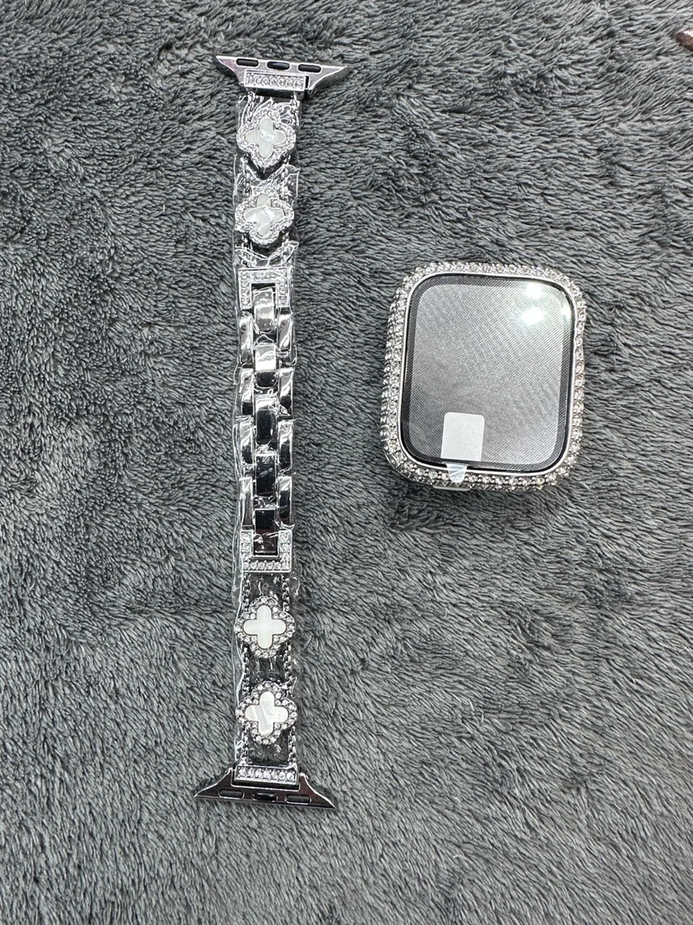 Black Decorative Apple Watch Band with Rhinestone Clover Accents